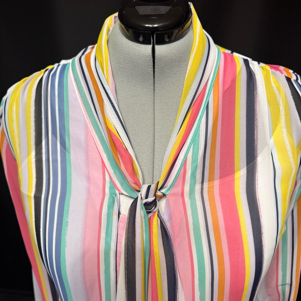 New York & Company Rainbow Sheer Vertical Stripes Tie-Neck Blouse | Size XL - Picture 11 of 16